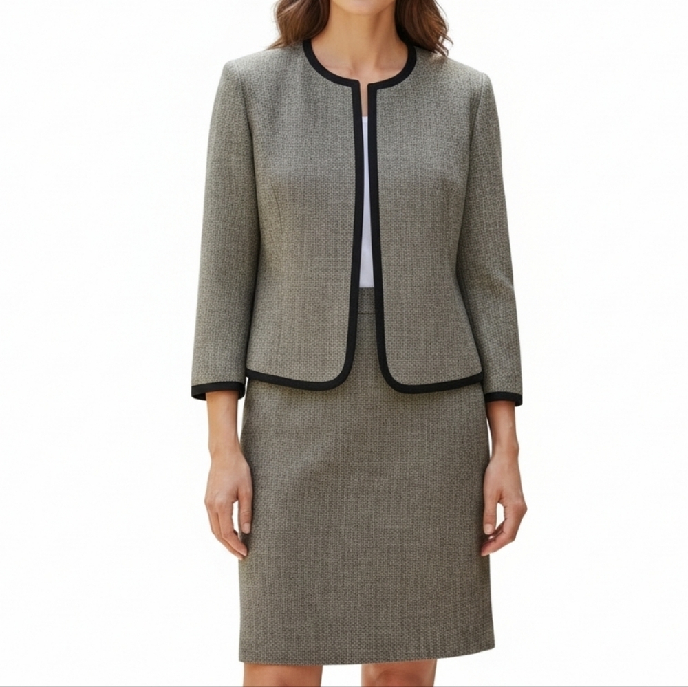 Kasper Tweed Skirt Suit 8 Black Tan Open Blazer 3/4 Sleeve Back Zip Kick Pleat - Picture 1 of 11
